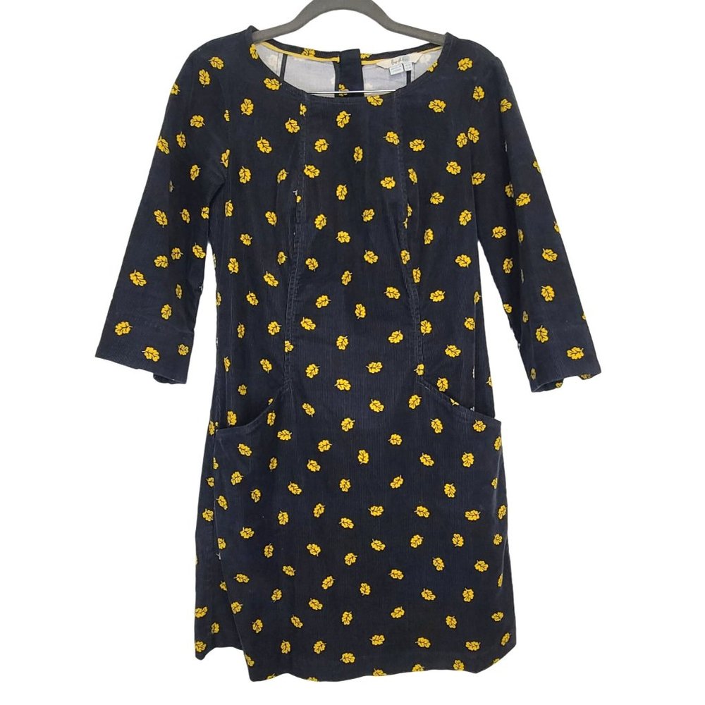 Boden Womens Black Cord Yellow Leaf Print 3/4 Sleeve Knee Length Dress US Sz 4P